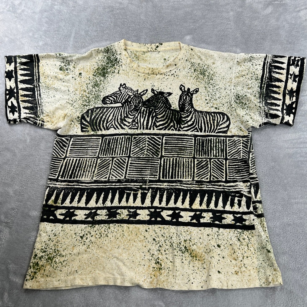 Vintage Zebra Graphic T-Shirt XL Cream Men Single Stitch 90s Retro Safari Tee
